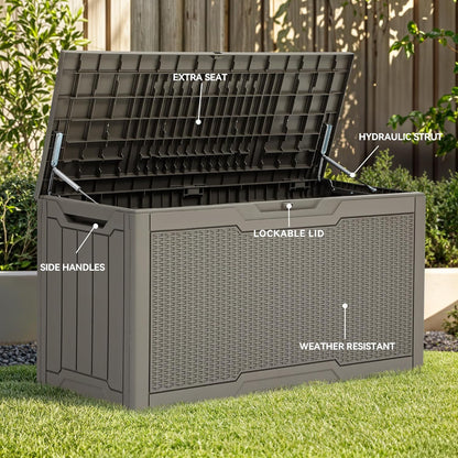 YITAHOME 80 Gallon Resin Deck Box, Weather Resistant Outdoor Rattan Storage Box, Lockable Indoor Outdoor Storage for Supplies and Essentials, Taupe