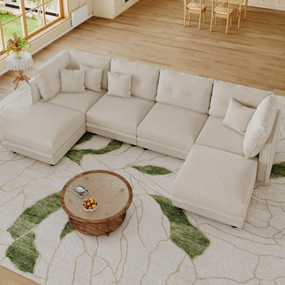 LLappuil Modular Sectional Sofa with Storage, U-Shaped Convertible Sleeper Couch, 6-Seat Oversized Living Room Sofa with 6 Back Cushions & 6 Throw Pillows, Beige Corduroy Fabric
