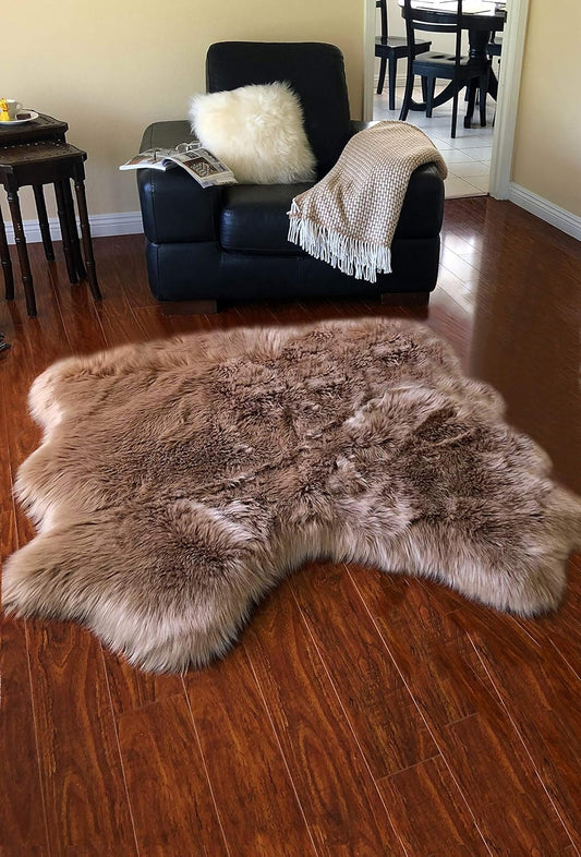 LAMBZY Faux Sheepskin Hypoallergenic Free Shape Silky Shag Rug, Luxury Shaggy Plush Carpet for Bedrooms Living Room Kids Rooms Sofa Floor Rugs (Double Side by Side 3'x4', Camel)