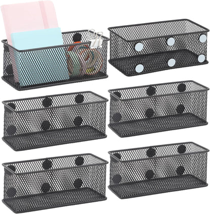 EASEPRES Magnetic Pencil Holder Set of 6 - Black Wire Mesh Storage Baskets Organizer with Strong Magnets - Perfect for Whiteboard, Refrigerator and Locker Accessories