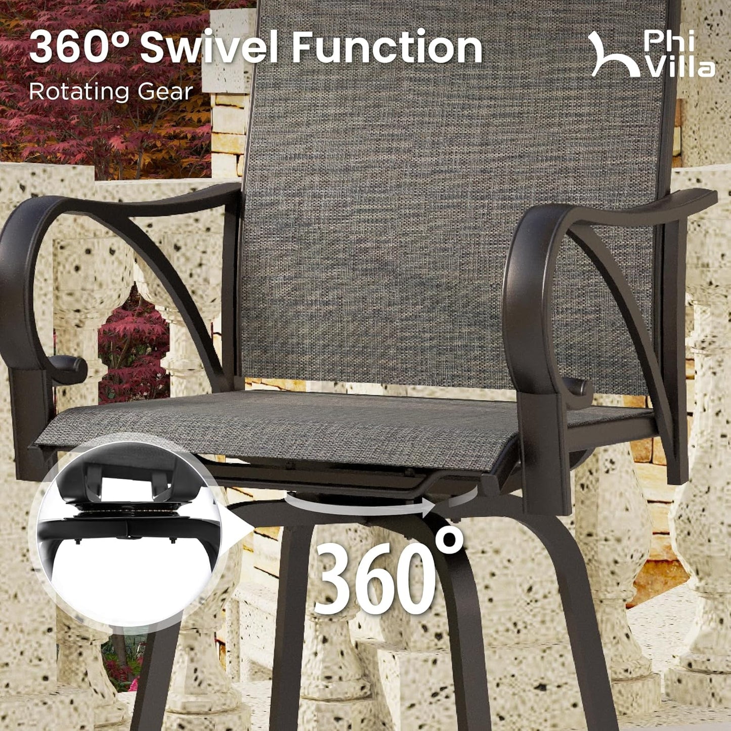 PHI VILLA Outdoor Swivel Bar Stools Set for 4, Metal Patio Bar Table and Chairs Set with Grey Textilene Fabric for Outside