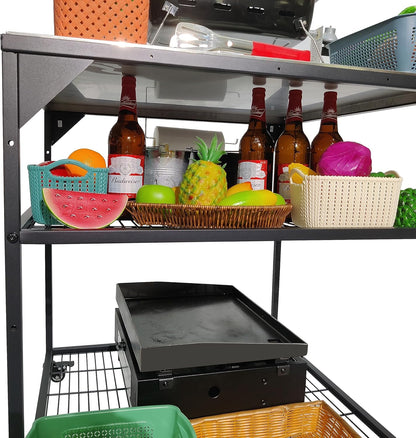 Stainless Steel 3-Tier Mobile Cart for Outdoor Grills & Pizza Ovens