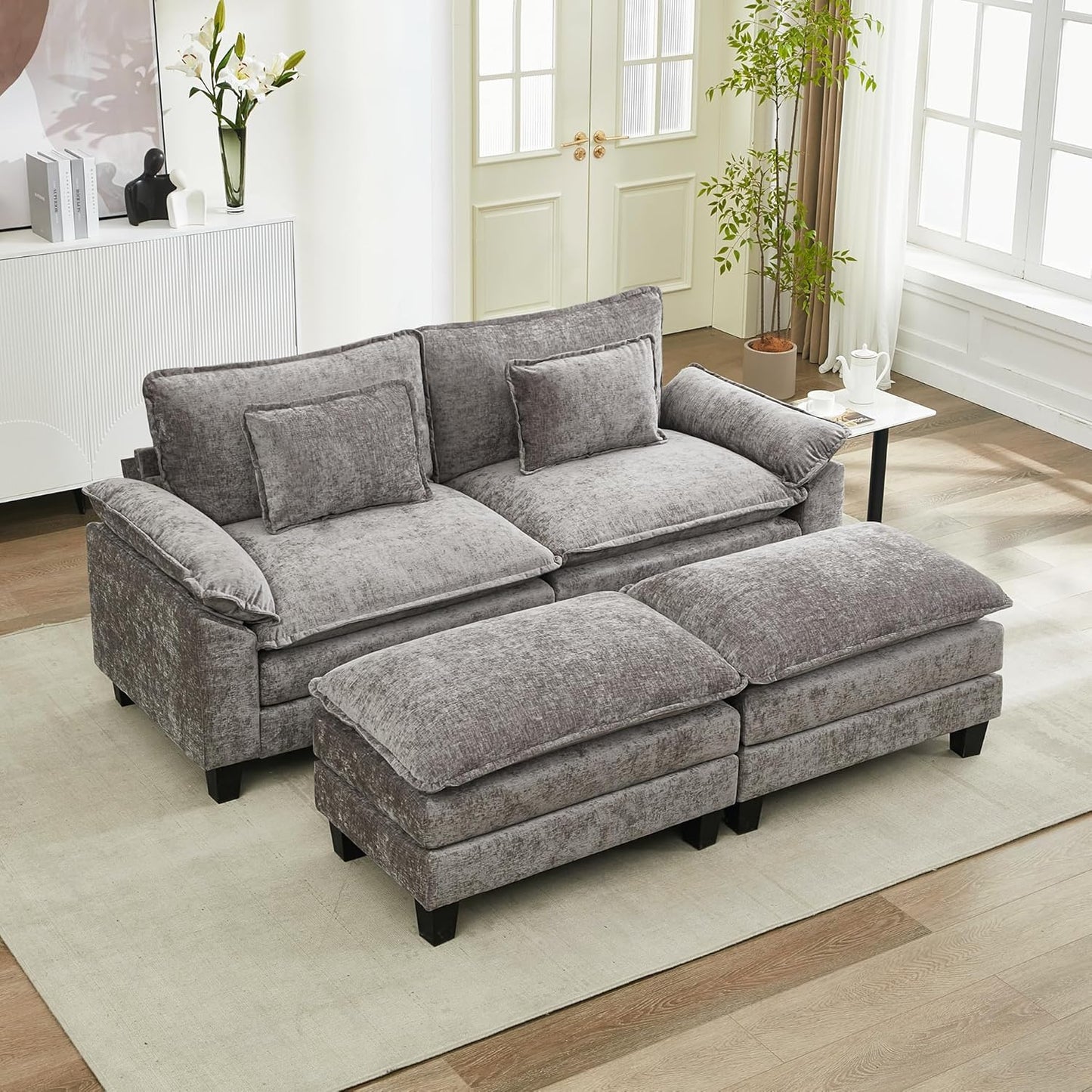 URRED Modular Sectional Sofa Comfy Cloud Couch, Modern Chenille Sofa Sleeper Deep Seat Couches with Ottoman/Pillows for Living Room (Gray, 82.6''- 2 Ottomans)
