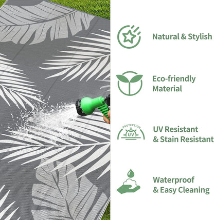 GENIMO Outdoor Rug 9' x 18' Waterproof for Patios Clearance, Reversible, Plastic Straw Camping Rug Carpet, Large Area Rugs Mats for RV, Picnic, Backyard, Deck, Balcony, Porch, Beach, Grey&White