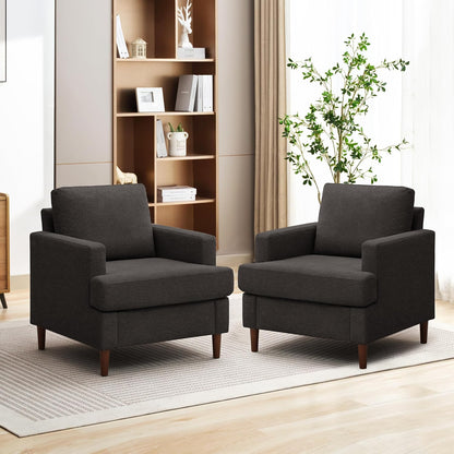 Mid-Century Accent Chair,Modern Linen Fabric Armchair for Living Room,Comfy Upholstered Reading Accent Chairs for Bedroom,Single Sofa Chair with Wood Legs (Dark Grey, 2 Pack)