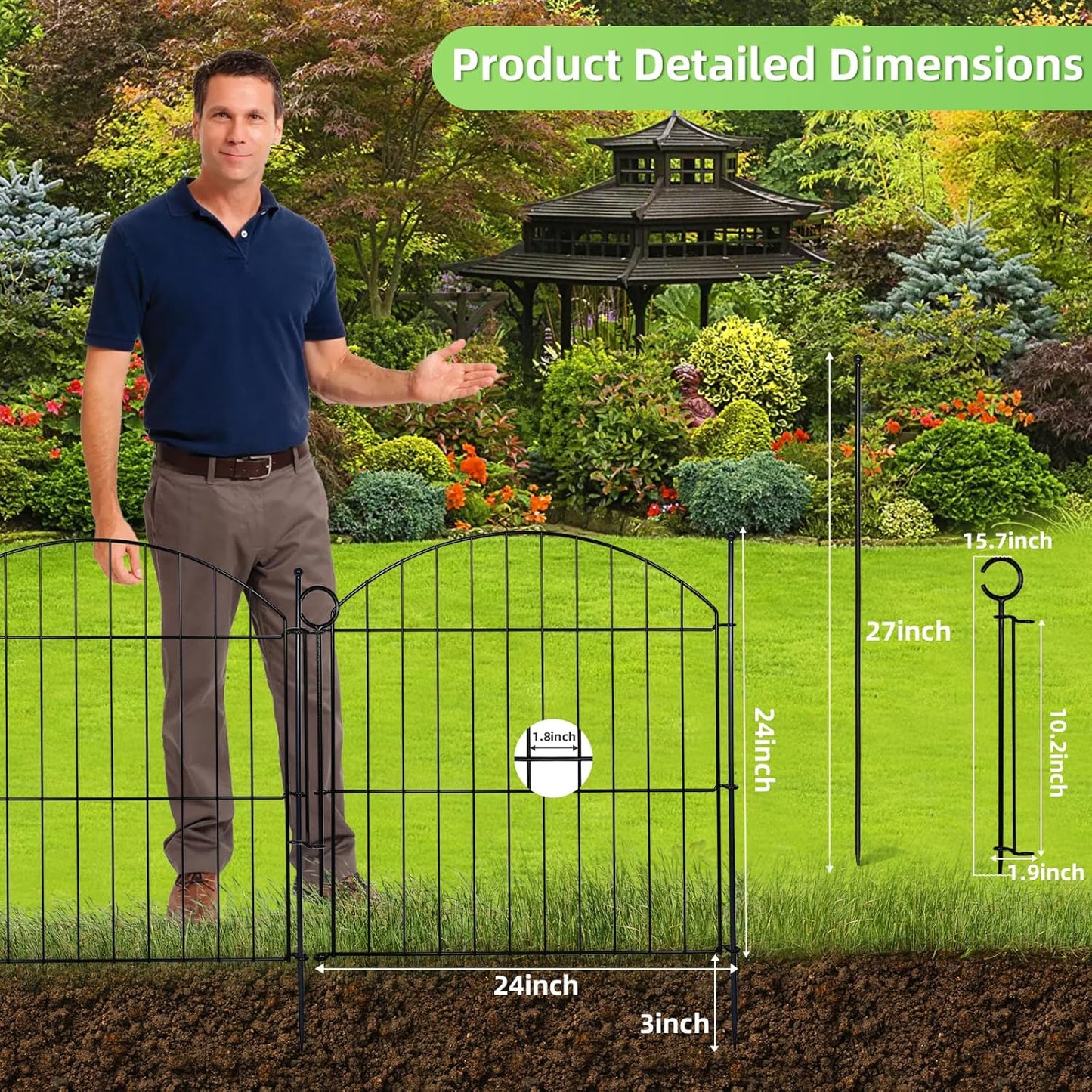 Decorative Garden Fence 24in (H) x10ft (L), 5 Pack No Dig Fence Animal Barrier for Dog with Lock, Arched Flower Bed Edging, Wire Border Panel Fencing for Yard Patio Outdoor Decor