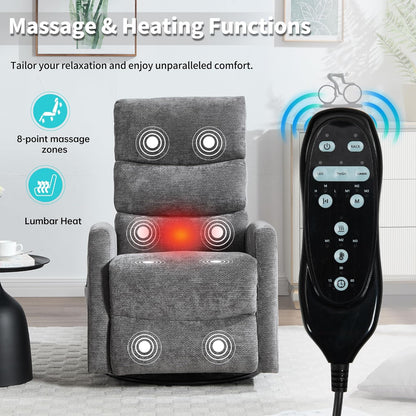 Manual Swivel Rocker Recliner Chair for Adults, Overstuffed Reclining Glider Chair for Nursing with Vibration Massage & Heat, Living Room Rocking Recliner 3-Stage backrest, Chenille Fabric Dark Gray