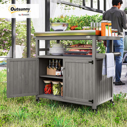 Outsunny Outdoor Grill Cart with Wheels and Storage, Solid Wood Outdoor Kitchen Island with Stainless Steel Top, Movable Bar Cart with Spice Rack, Side Handle, Integrated Hole for BBQ, Gray