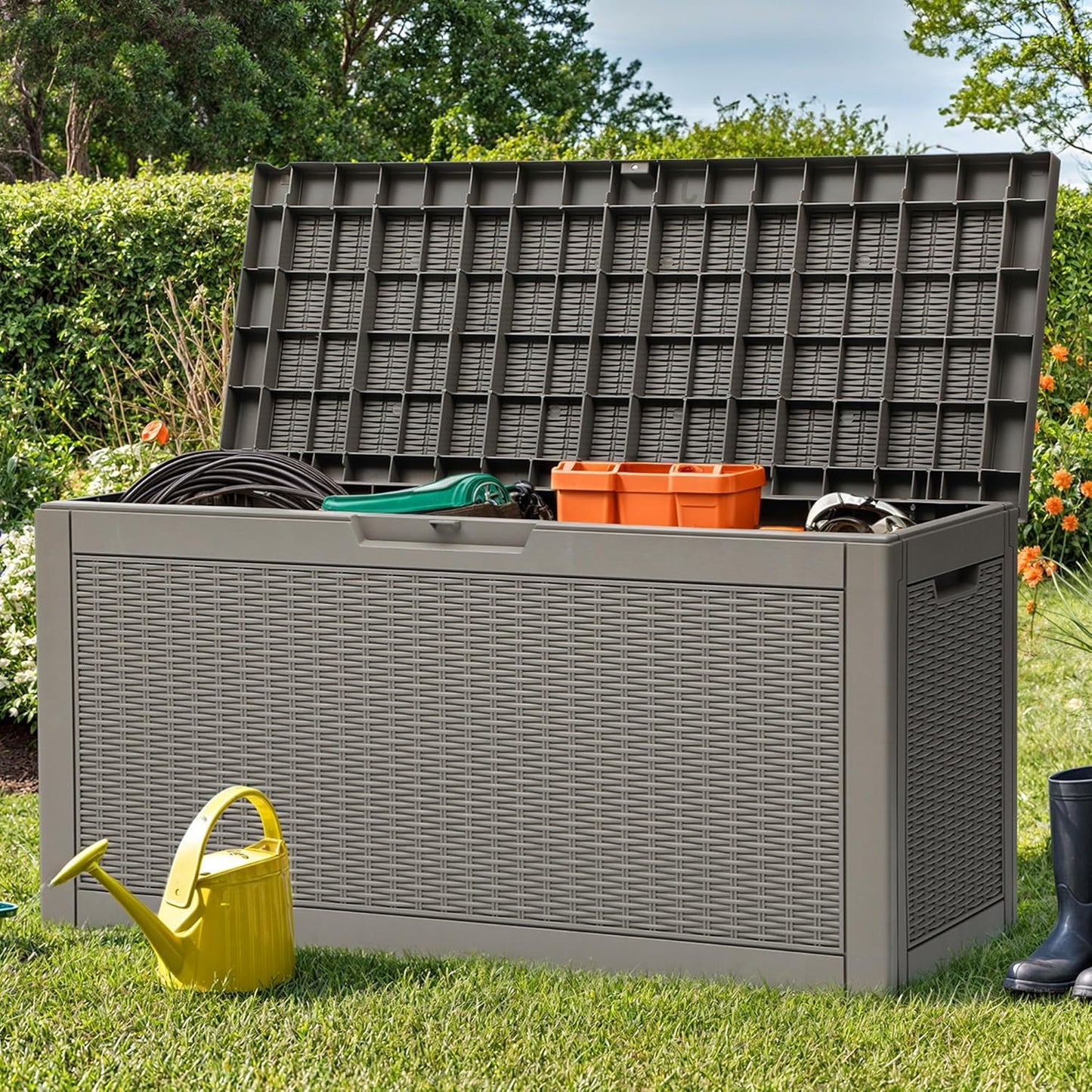 YITAHOME 60 Gallon Resin Deck Box, Weather Resistant Outdoor Rattan Storage Box, Lockable Indoor Outdoor Storage for Supplies and Essentials, Taupe