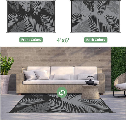 GENIMO Outdoor Rug 4' x 6' Waterproof for Patios Clearance, Reversible Outdoor Plastic Straw Camping Rug Carpet, Large Area Rugs Mats for RV, Camper, Deck, Balcony, Porch, Beach, Picnic, Black&Grey
