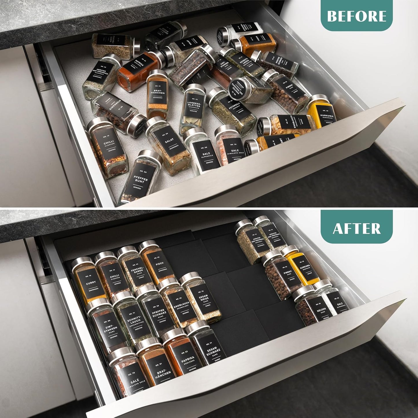 Spice Drawer Organizer - Expandable Spice Rack for Drawer, Black Seasoning Organizer for Drawer Spice Organizer, Spice Organization Seasoning rack insert for Cabinet (Jars Not Included)