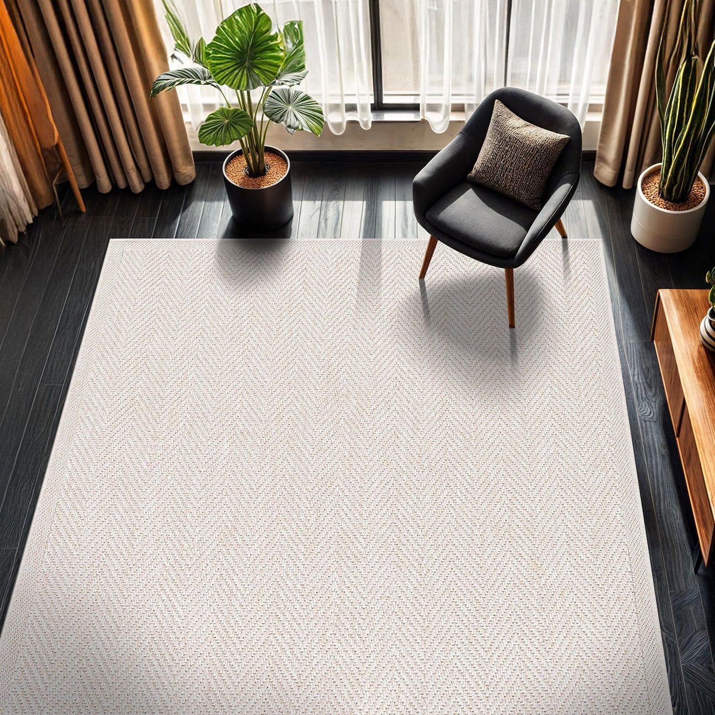 CAMILSON Easy Jute Rug 4x6, Indoor Outdoor Off-White Color Fiber Area Rugs for Living Room Patio and Kitchen Rug Herringbone Seagrass Woven Design Easy-Cleaning Washable Outside Carpet Alfombras 4 x 6