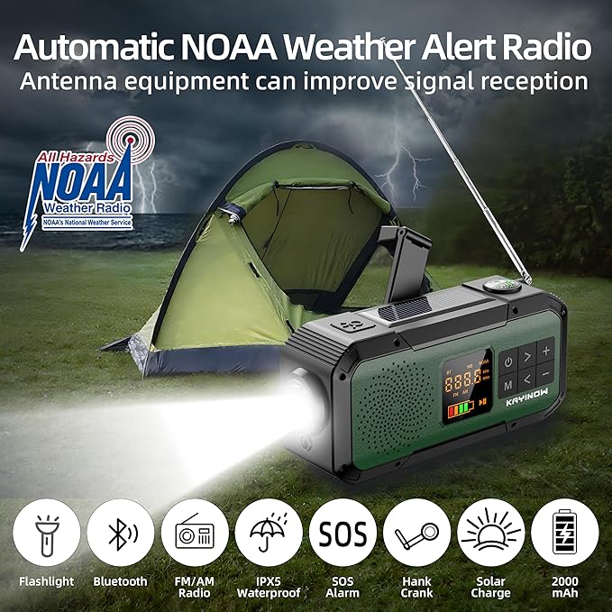 NOAA Weather Radio AM/FM,Portable 2000mAh Rechargeable Battery Operated with USB-C/Hand Crank/Solar Charging,Bluetooth Connectivity,Built-in Light, SOS Alert,Ideal for Camping,Hurricane and Storm Use