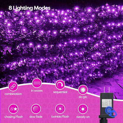 WBao Halloween Lights Outdoor 200LED F8 Big Bulbs, 8.4ft x 5.2ft Halloween Net Lights with 8 Modes, Timer, Connectable, Waterproof & Dark Green Wire for Lawn, Bushes, Trees Outdoor Decorations, Purple