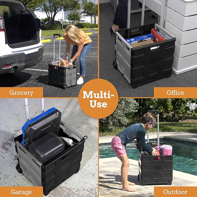 Inspired Living Ultra-Slim Rolling Collapsible Storage Pack-N-Roll Utility-carts, with Telescopic Handle, for Home, Garden, Shopping, Office, School use, Large, Grey & Black