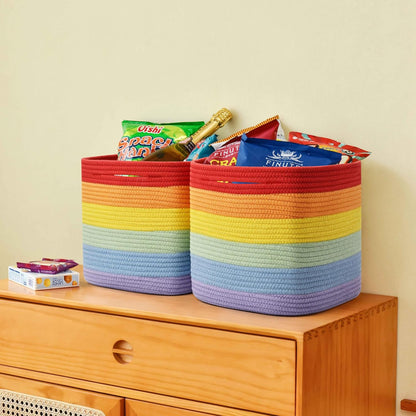 3 Pack Storage Cubes 11 Inch Cotton Rope Woven Baskets for Organizing Cube Bin Square Shelves Organizer,Classroom,Kids Toy Bins,Closet,Baby Nursery(Rainbow)