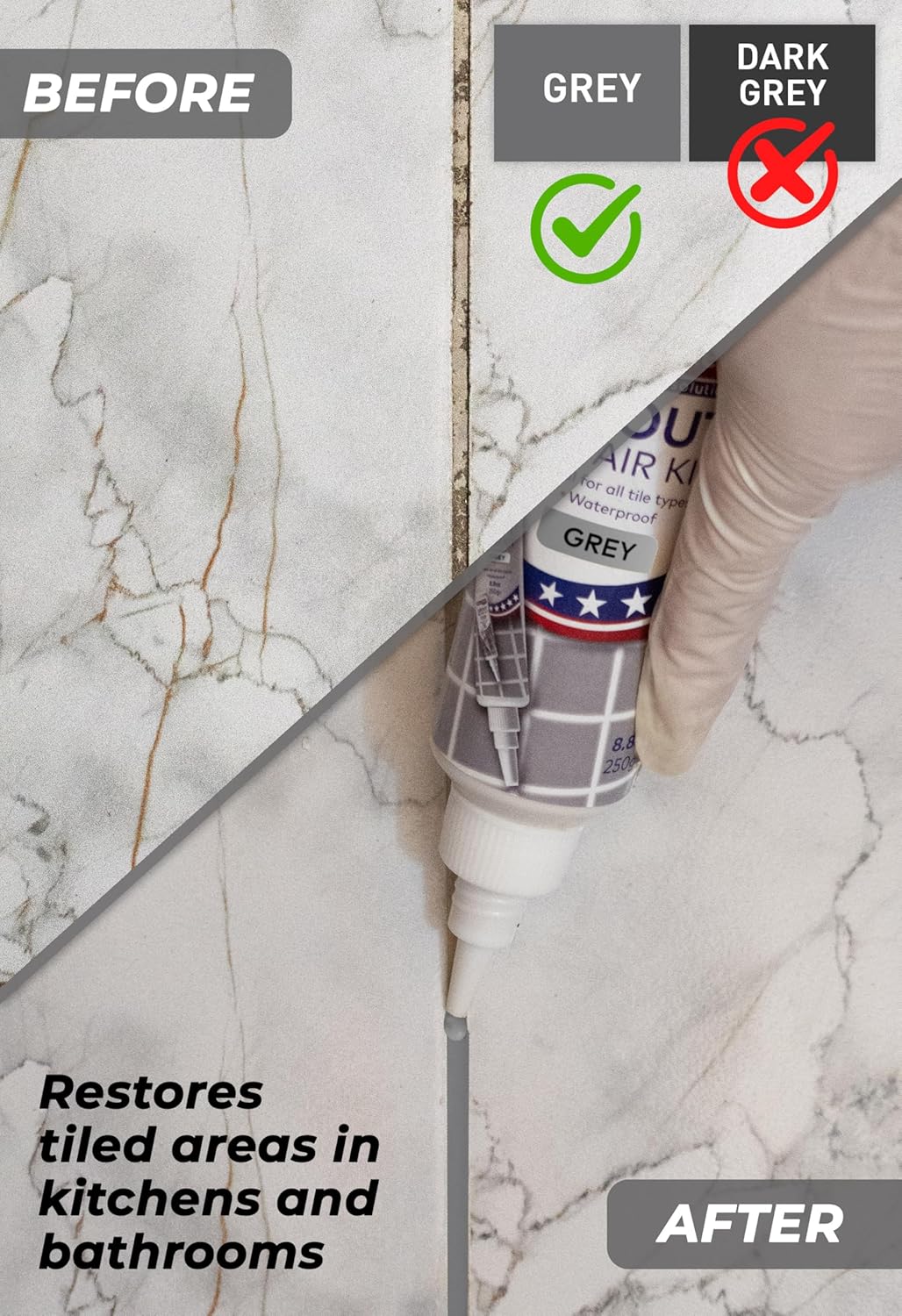 Tile Grout Repair, Grey 8.8 oz/250gr. Fast Drying Grout Repair Kit, Grout Filler Tube Repair Kit, Tile Grout Paint, Grout Sealer Restore and Renew Bathroom Floor, Tile Gaps Joints Lines, Nozzle Cutted
