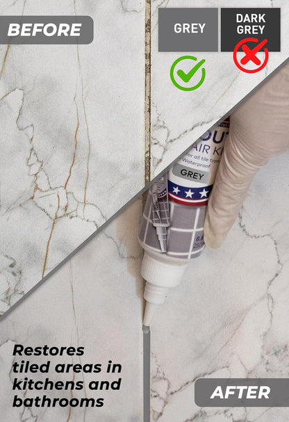 Tile Grout Repair, Grey 8.8 oz/250gr. Fast Drying Grout Repair Kit, Grout Filler Tube Repair Kit, Tile Grout Paint, Grout Sealer Restore and Renew Bathroom Floor, Tile Gaps Joints Lines, Nozzle Cutted