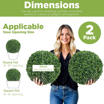 DRAY Premium 13" Faux Boxwood Balls – Set of 2 Artificial Topiary Spheres for Outdoor & Indoor Use – Realistic, UV-Resistant, Weatherproof Decorative Greenery – Check Measurements