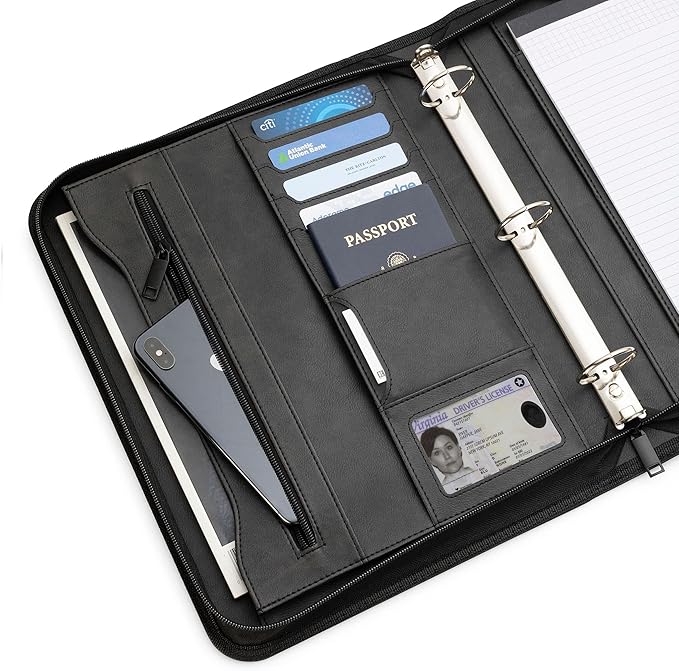 Forevermore Portfolios Portfolio Organizer - 3 Ring Binder with Notepad - 1.5 Inch Rings - Zippered Storage Pockets for Papers, Travel Documents, Presentation Folder, Cards, Passport, Tickets - Black