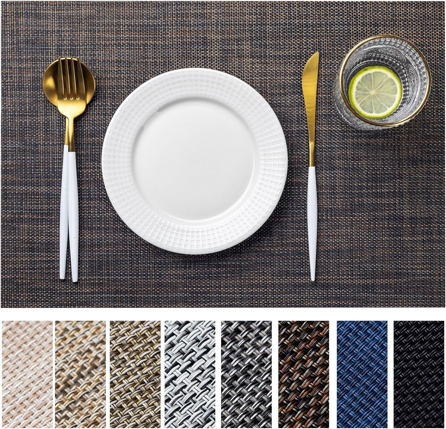 LEXMORE PlaceMats Set of 12 Vinyl/Plastic Woven Place Mats for Kitchen Table Indoor/Outdoor Washable PlaceMat Wipeable Dining Table Mats(Black/Brown)