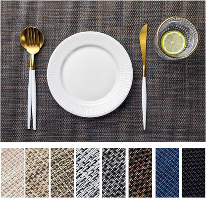 LEXMORE PlaceMats Set of 12 Vinyl/Plastic Woven Place Mats for Kitchen Table Indoor/Outdoor Washable PlaceMat Wipeable Dining Table Mats(Black/Brown)
