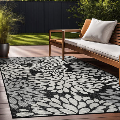 Beverly Rug Outdoor Rug 9x12 Modern Exotic Tropical Leaf Area Rugs for Indoor and Outdoor Patio Deck Porch Garden Water Resistant Washable Outside Carpet (9 x 12 Dark Gray)