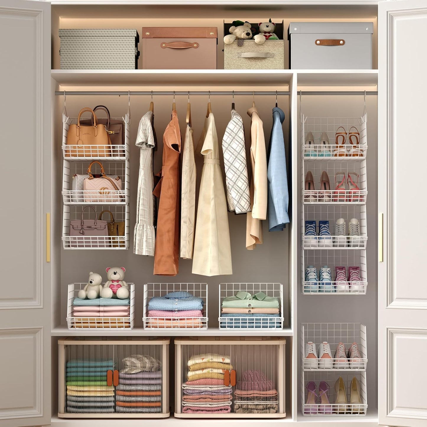 X-cosrack 4 Tier Closet Hanging Organizer, Foldable Closet Shelving with 2 Hanging Hooks 5 S Hooks, Wire Storage Basket for Wardrobe Laundry Room, for Clothing Sweaters Shoes Handbags Patent-White