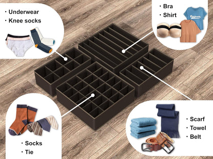 Simple Houseware 4-Pack Drawer Organizer Set - Closet Dividers for Underwear, Socks, Bras, Scarves, Ties - Foldable Non-Woven Storage Boxes, Brown