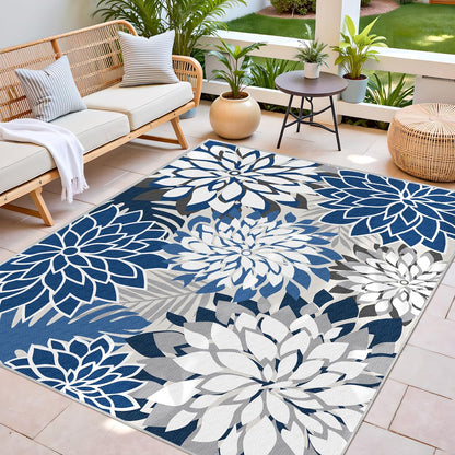 Indoor Outdoor Area Rug Washable Multicolored Patio Rug Tropical Botanical Modern Floral Indoor Outdoor Carpet Blue White Rug Non Slip for Patio, Deck, Backyard, Porch (6x9)