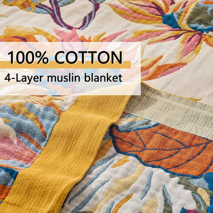 Boho Throw Blanket for Bed, Sofa,Cozy Warm Lightweight Fall Throw Blankets,100% Woven Cotton Southwestern Farmhouse Floral Decor Reversible Blanket, Chair, Picnic Blanket, 50"x60"