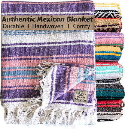 Del Mex Classic Mexican Blanket, Large Authentic Woven Falsa Throw (70"x50"), Artisan Southwest Décor for Beach, Yoga, Outdoors (Lavender/Pink)