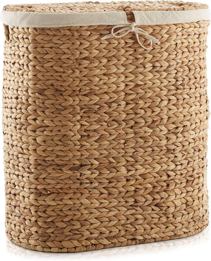 Casafield Oval Laundry Hamper with Lids and Removable Liner Bags - Natural, Woven Water Hyacinth 2-Section Laundry Basket Sorter for Clothes and Towels