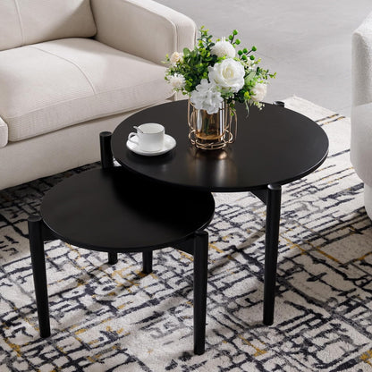 Wooden Round Modern Nesting Coffee Set of 2, Round End Table Side Table, Stacking Living Room Accent Tables for for Living Room Bedroom Balcony, Black