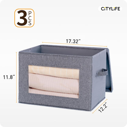 Citylife 3-Pack Collapsible Storage Bins with Lids, Linen Fabric Foldable Storage Boxes, Cube Closet Organization for Clothes, Blankets and Books, Gray