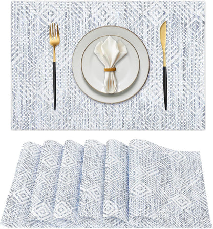 Vinyl Plastic Placemats Set of 6 Washable Heat Resistant Non-Slip Elegant Indoor Outdoor Kitchen Dining PVC Woven Table Place Mats (Blue Squares)