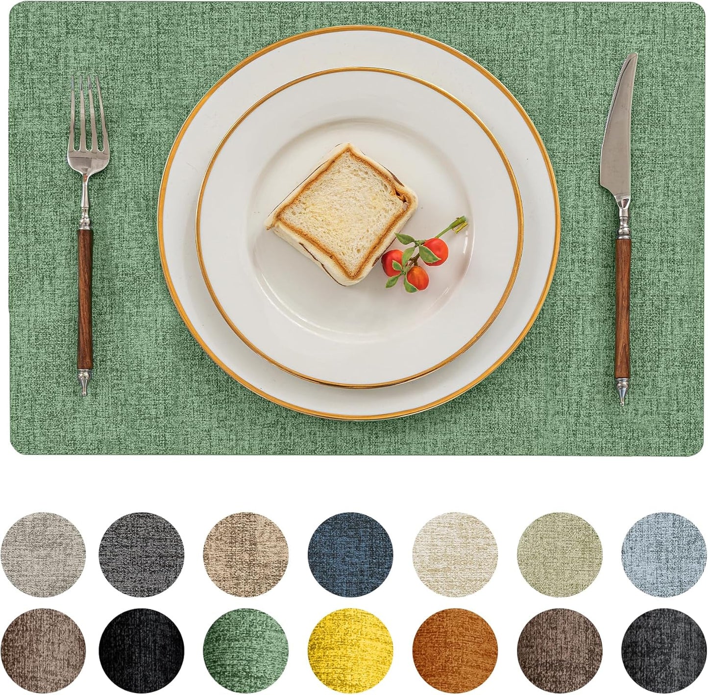 Romanstile Vinyl Placemats Set of 4-12 X 18 Inch - Heat Resistant Place Mats 100% Waterproof Oilproof Wipeable Reversible Faux Leather Table Mats for Kitchen/Dining/Party/Outdoor, Dark Green
