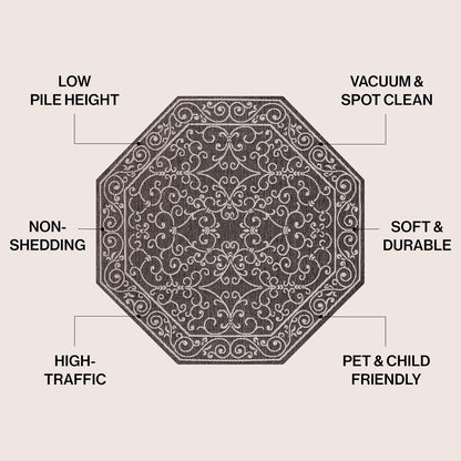 JONATHAN Y Vintage Filigree Indoor Outdoor Octagon Area Rug 8 Ft Black/Gray, Charleston Textured Weave for Backyard, Patio, Porch, Easy-Cleaning, High Traffic, Pet-Friendly Non-Shedding SMB106G-8TGN
