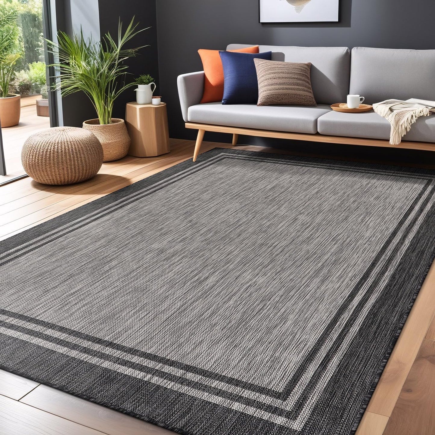 Bordered Outdoor Rug 10x14 Washable Outside Carpet for Indoor Patio Porch Waterproof Easy Cleaning Non Shedding Area Rugs Dark Gray 10 x 14