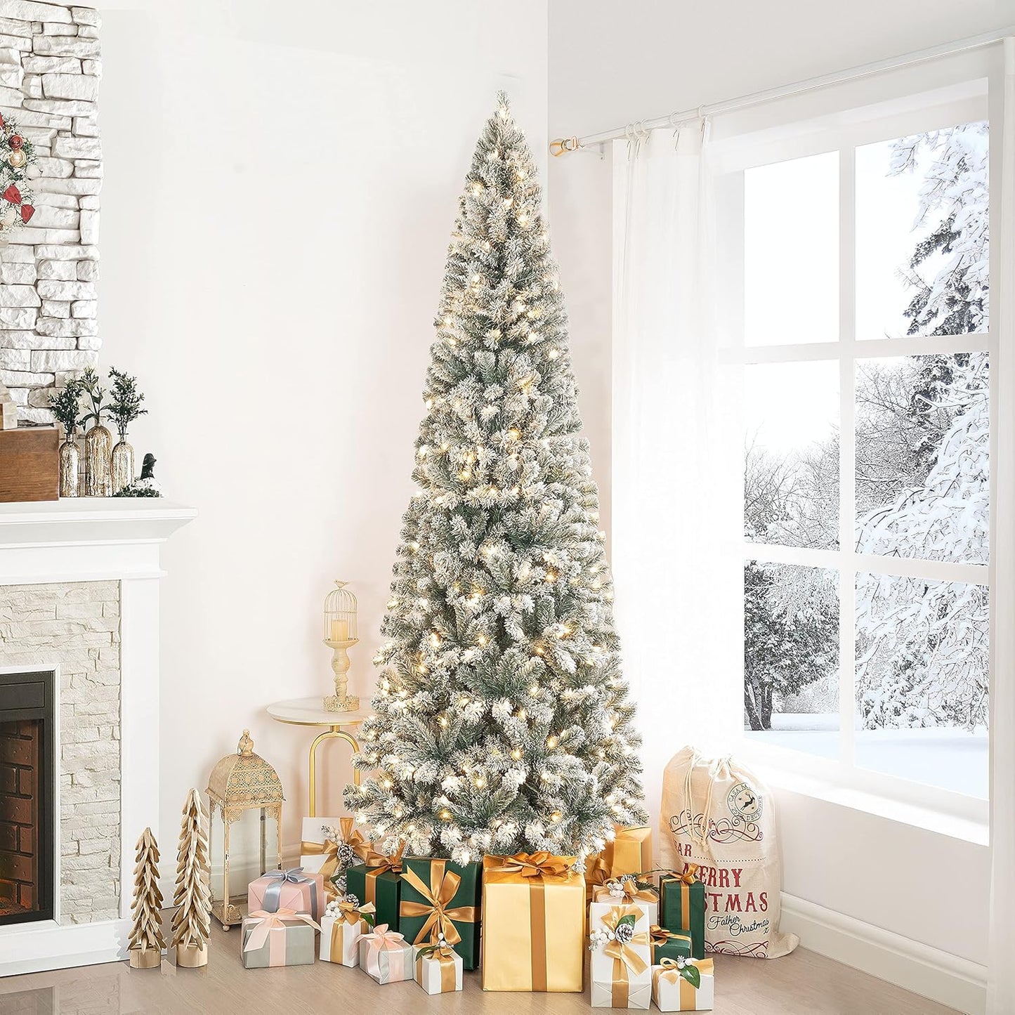 Naomi Home Salzburg 7.5ft Frosted Prelit Slim Artificial Christmas Tree with 1102 Branch Tips, 350 Warm Lights and Metal Stand, 34" Wide Realistic Snow Flocked Skinny Pencil Christmas Tree