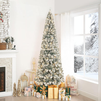 Naomi Home Salzburg 7.5ft Frosted Prelit Slim Artificial Christmas Tree with 1102 Branch Tips, 350 Warm Lights and Metal Stand, 34" Wide Realistic Snow Flocked Skinny Pencil Christmas Tree
