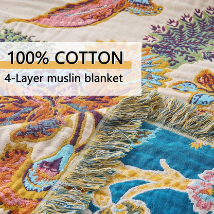 100% Muslin Throw Blanket for Couch, Butterfly and Floral Double Embroidery Fall Throw Blanket 60"x80" for Sofa, Chair, Woven Cotton Reversible Mexican Blanket