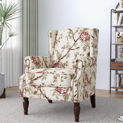 Lumibee Wingback Accent Chair,High Back Floral Armchairs in Fabric,Comfy Upholstered Reading Single Sofa Chair with Solid Wood Legs for Living Room,Bedroom,Office-Floral Beige