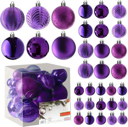 PREXTEX 36-Piece Purple Christmas Ornaments Set - Shatterproof Plum Colored Tree Balls - 6 Styles, 3 Sizes with Hanging Loops to Decorate Christmas Tree - Ideal for Indoor and Outdoor Holiday Decor