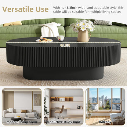 43.3" Oval Fluted Coffee Table Modern Elegant Drum End Table, Minimalist Center Table 7.8" Thick Tabletop with Sturdy Base for Living Room, Bedroom, Apartment,Easy Assembly, Black