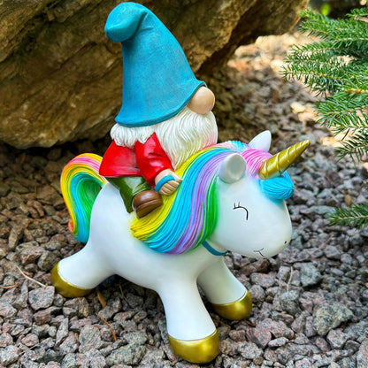 Mood Lab Garden Gnome Statue - Garden Gnome Riding Unicorn - 8.3 Inch Tall Lawn Figurine - for Outdoor or House Decor - Funny Yard & Patio Decoration