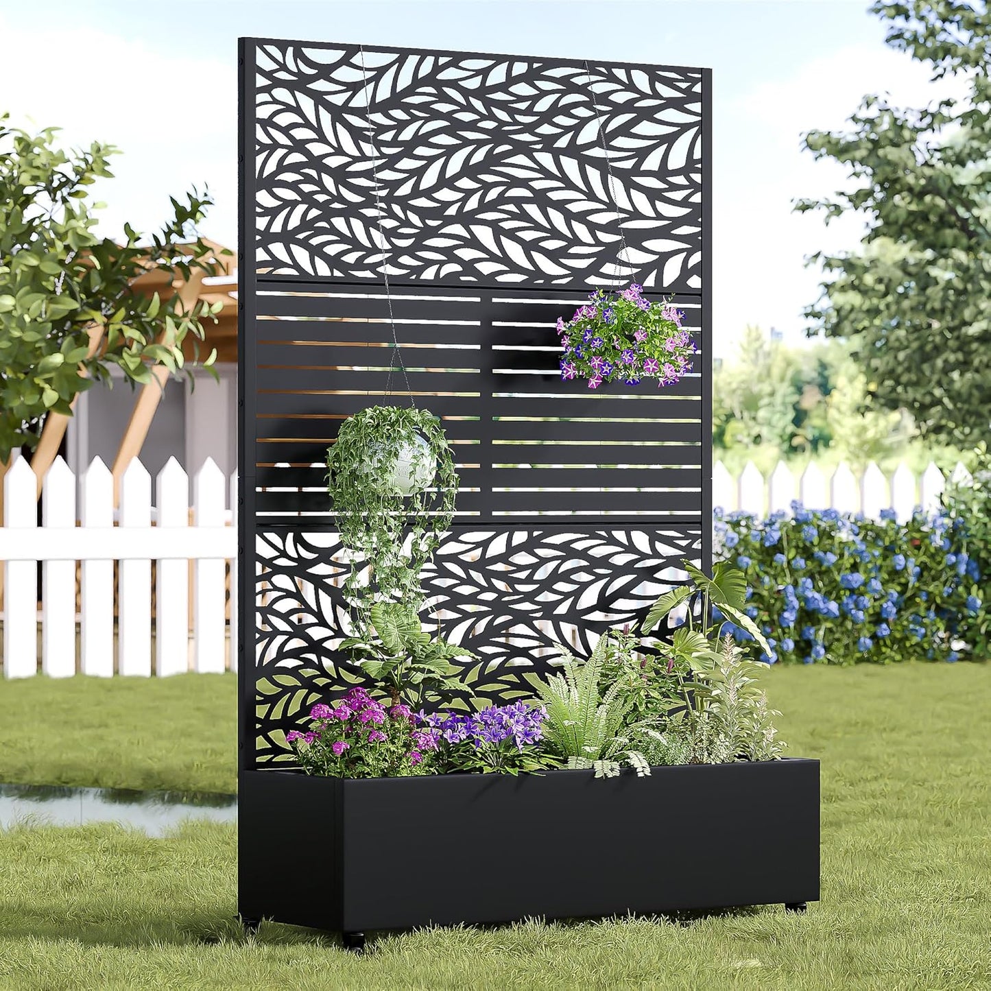 Casaphoria Metal Raised Garden Bed with Trellis and Wheels, 72"x47"x16" Planter Box for Climbing Plants, Vegetables & Vines, Features Drainage Holes and Privacy Screen, Black(Spring&Louvered)