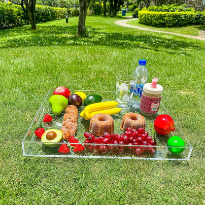Clear Rectangular 16x20 Inches Acrylic Ottoman Tray Decorative Serving Tray with Cutout Handles Organizer Tray on Coffee Table Countertop Big Breakfast Bed Tray Living Room Appetizer Serving Food