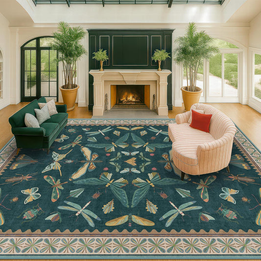 Teal Green Living Room Rugs - 10x14 Large Area Rug for Dining Room, Big Bedroom, Playroom Kids, Foldable Insect Décor