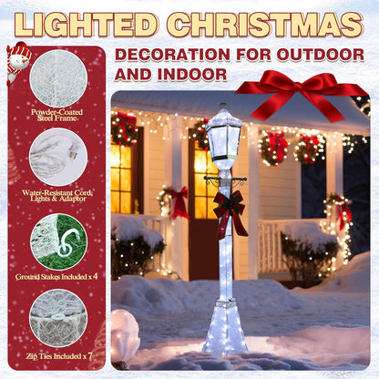 6FT Lighted Freestanding Lamp Post for Christmas Decoration, Pre-Lit Iridescent Post Lamp with 120 LED Lights & Removable Bow, Outdoor 3D Glittered Standing Festival Display, White